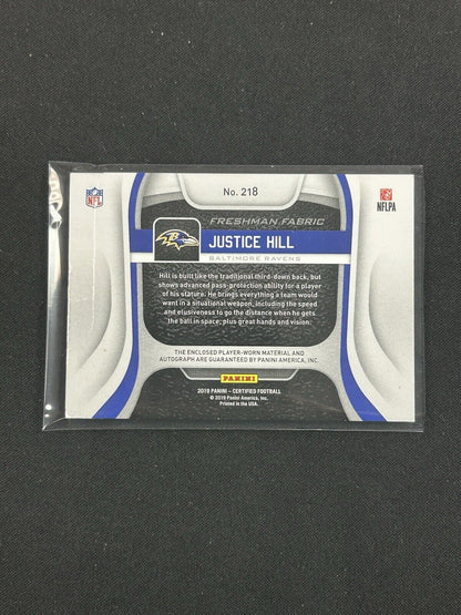 2019 Panini Certified Freshman Fabrics Aqua #218 Justice Hill RPA /50 CREASED