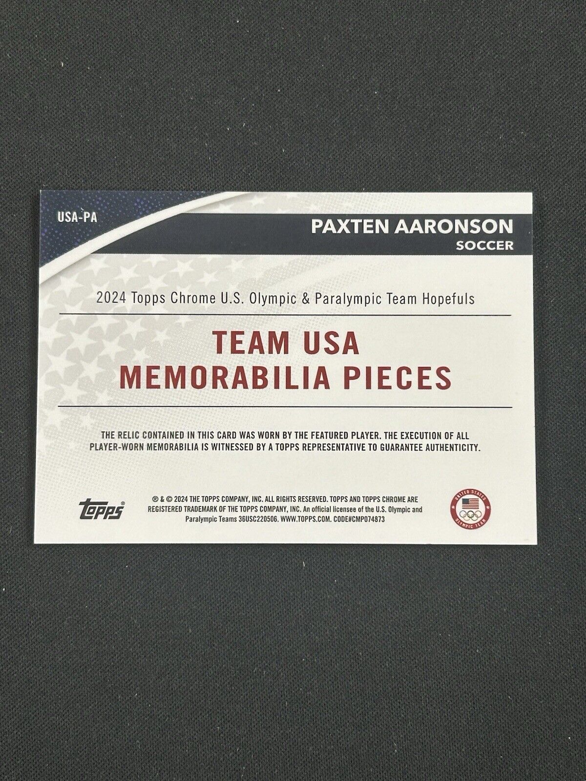 2024 Topps Chrome Olympics Patch #USA-PA Paxten Aaronson