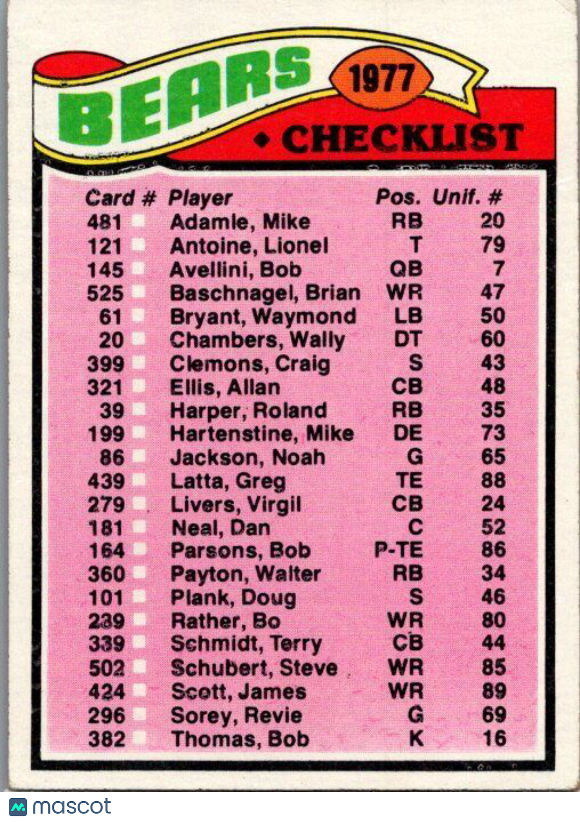 1977 Topps Chicago Bears Checklist