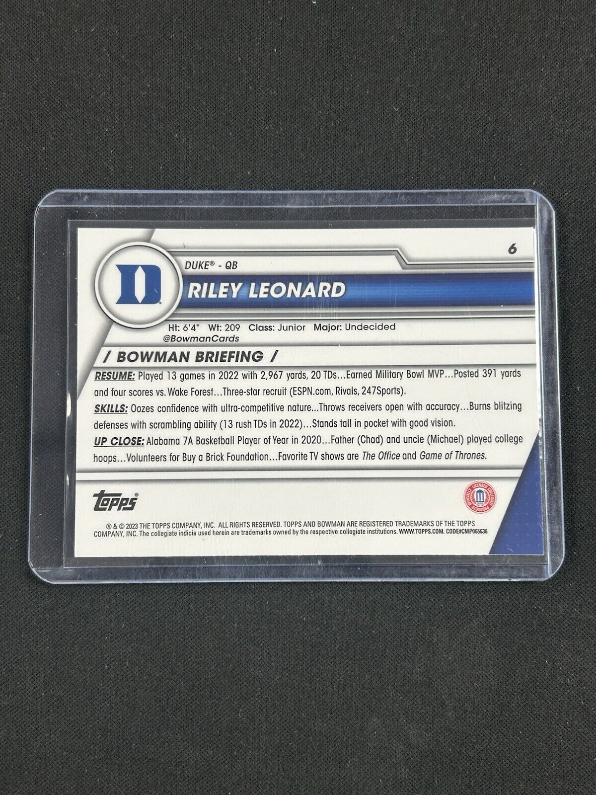 2023 Topps Bowman Chrome U Purple Riley Leonard