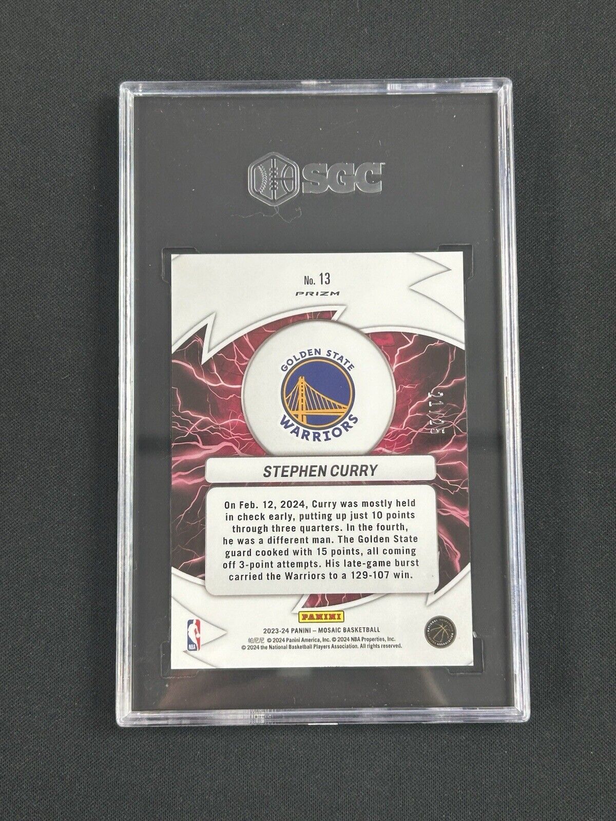 2023 Panini Mosaic Orange Fluorescent Thunder Road Steph Curry /25 SGC 10