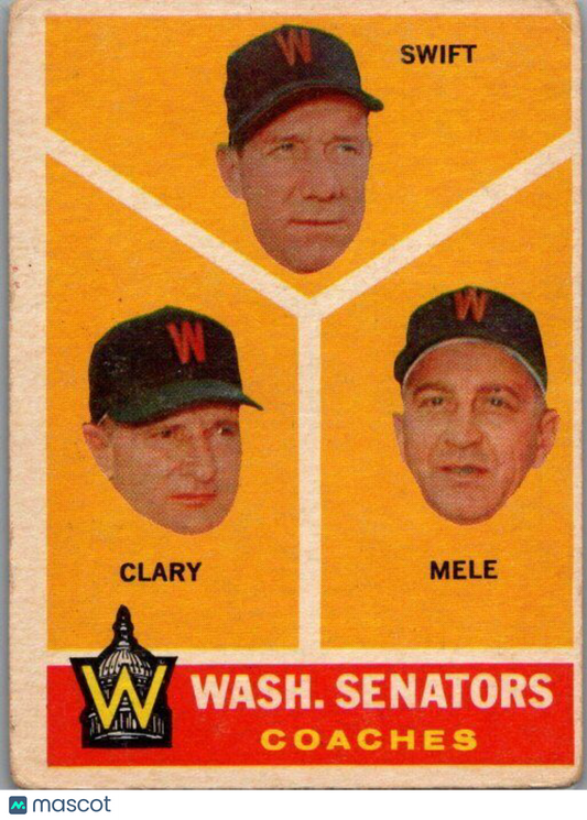 1960 Topps #470 Wash. Senators Coaches (Bob Swift / Ellis Clary / Sam Mele)