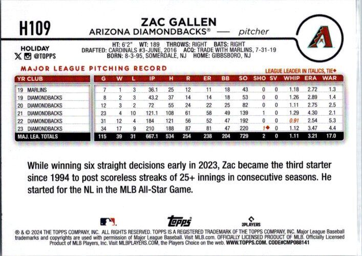 2024 Topps Holiday #H109 Zac Gallen Silver Glitter