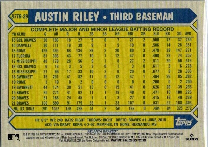 2022 Topps Series 2 Austin Riley #87TB-29