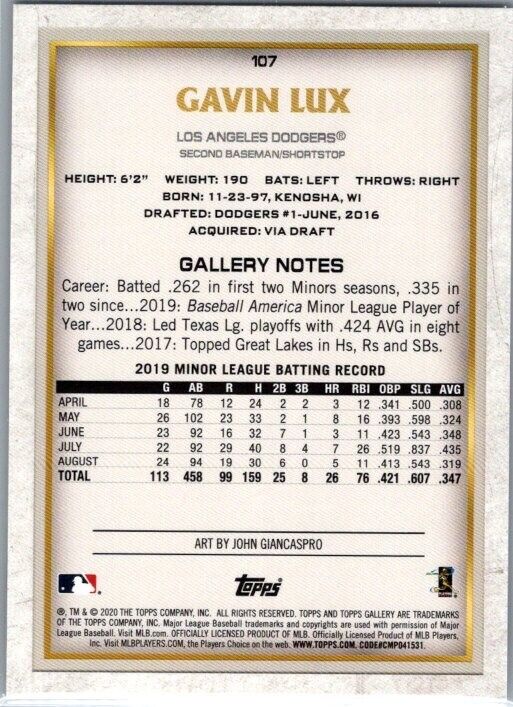 2020 Topps Gallery - #107 Gavin Lux (RC)