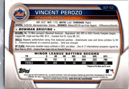 2023 Bowman - Chrome Prospects #BCP-102 Vincent Perozo (RC) Blue Refractor /150