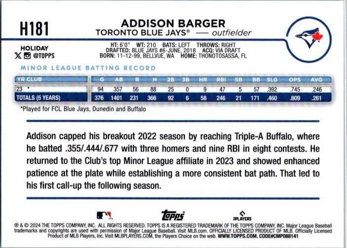 2024 Topps Holiday #H181 Addison Barger