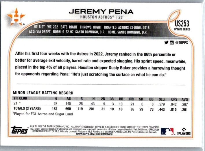 2022 Topps Update Series - Fielding in Grey Jersey #US253 Jeremy Pena (RC)