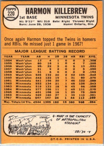 1968 Topps #220 Harmon Killebrew -EX/NM