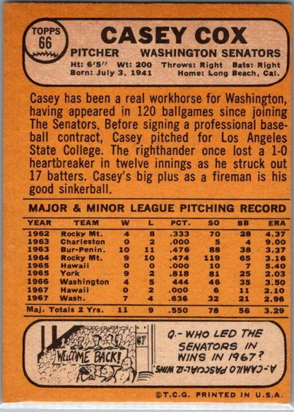 1968 Topps #66 Casey Cox Senators