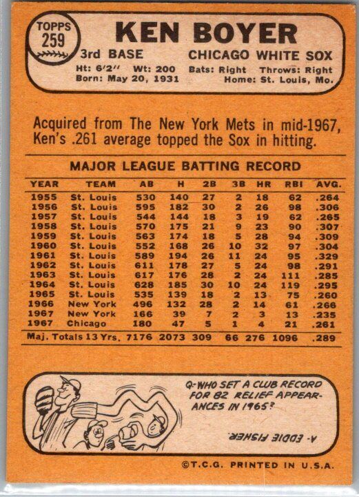 1968 Topps #259 Ken Boyer EX/NM