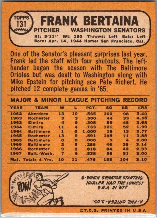 1968 Topps #131 Frank Bertaina