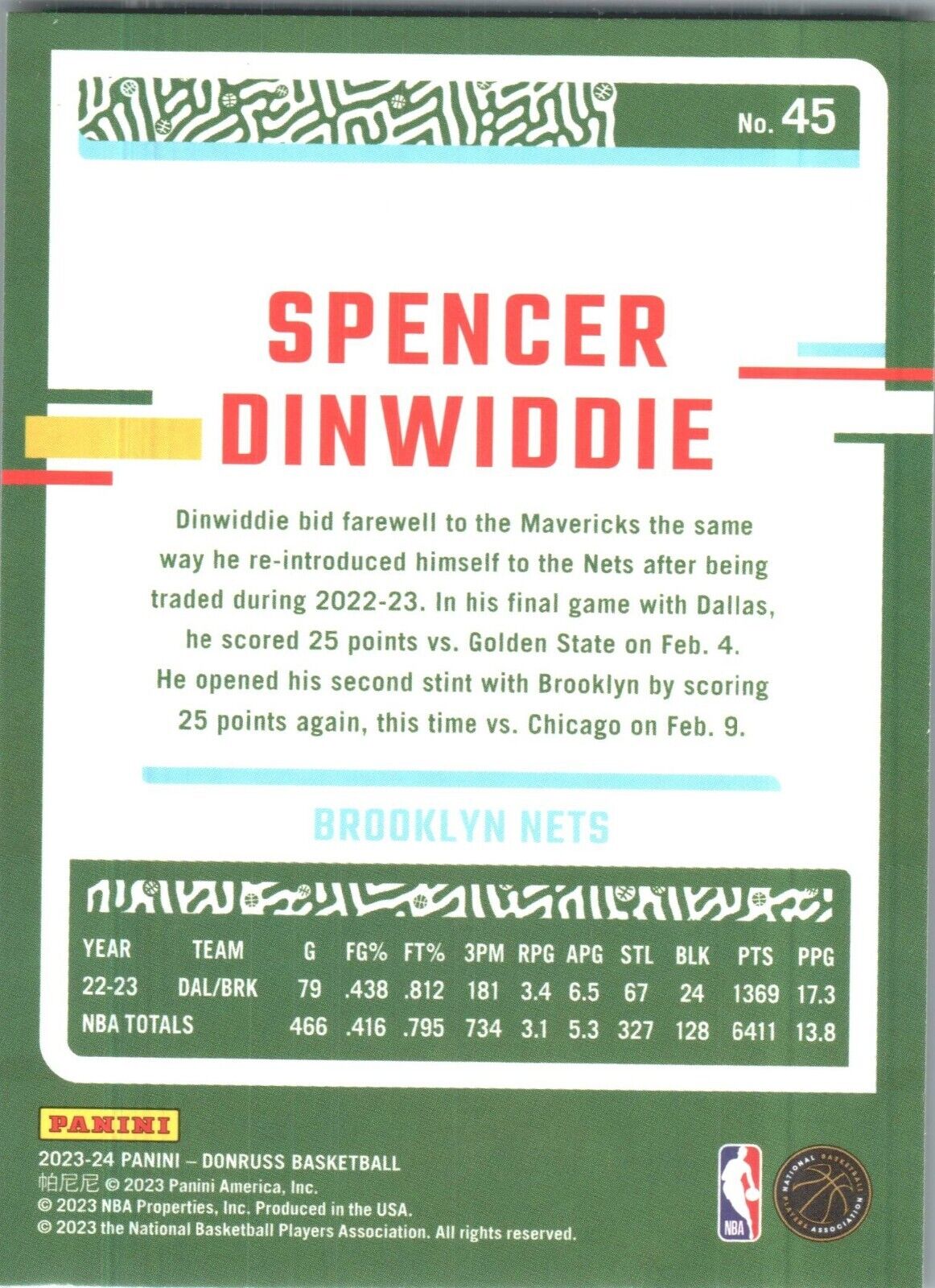 2023-24 Panini Donruss - #45 Spencer Dinwiddie