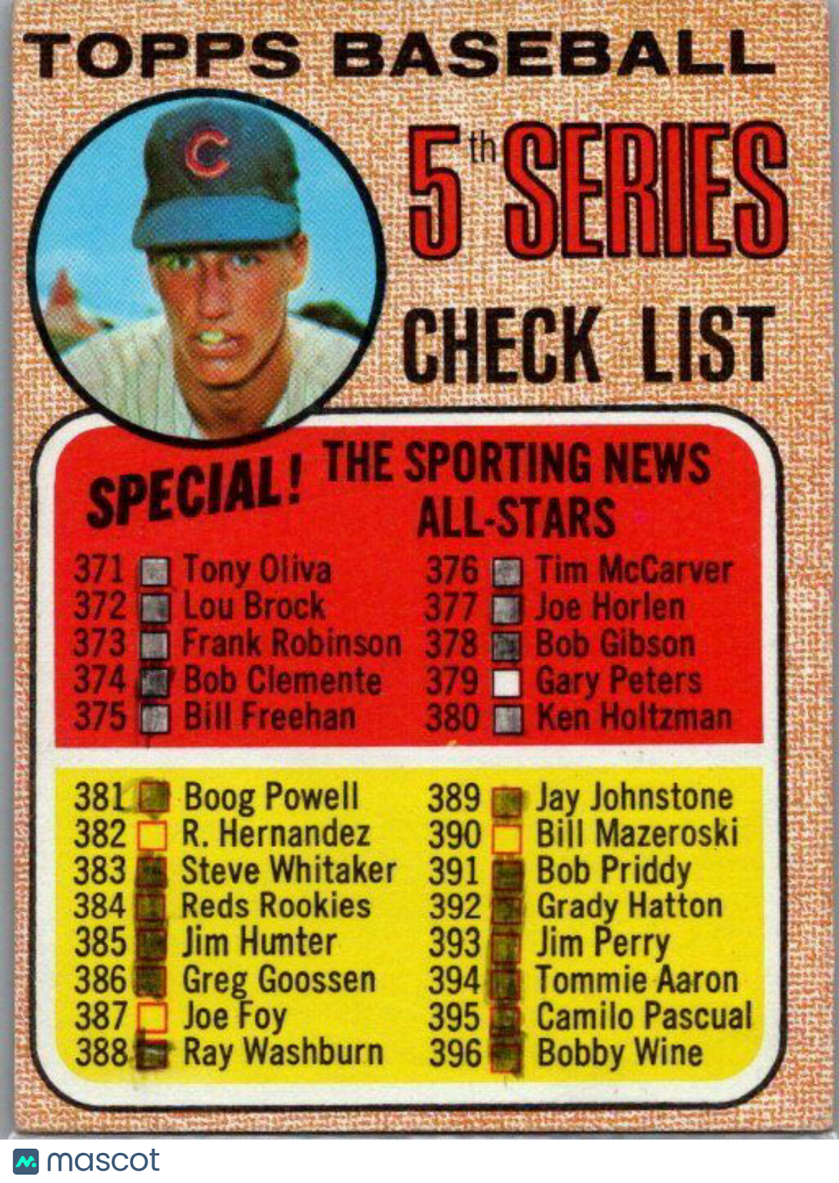 1968 Topps #356b 5th Series Checklist 371-457 (Ken Holtzman) USED