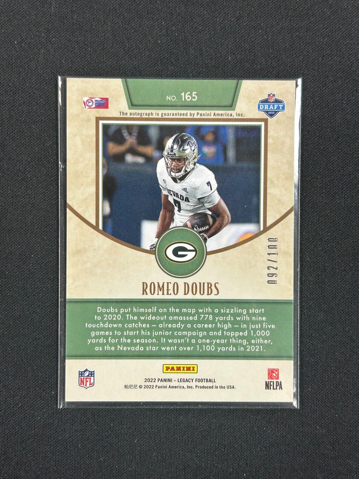 2022 Panini Legacy Auto Rookies #165 Romeo Doubs /100 (RC)