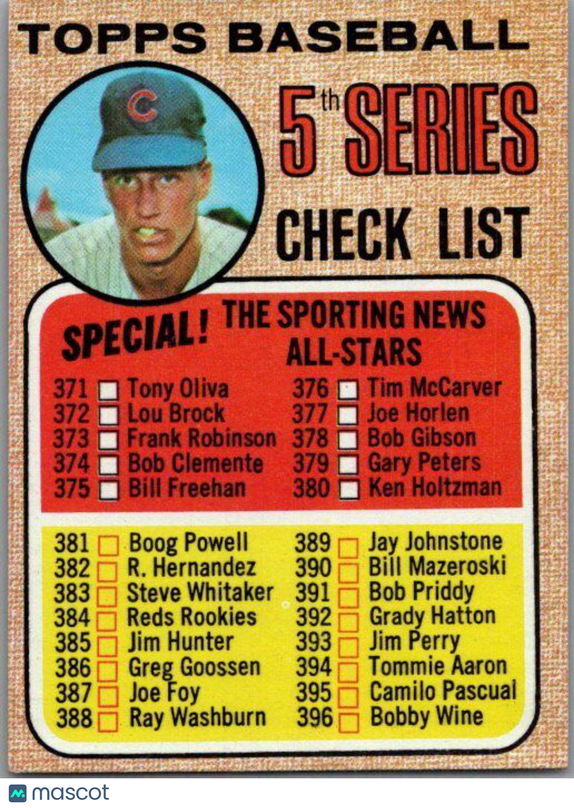 1968 Topps #356b 5th Series Checklist 371-457 (Ken Holtzman)