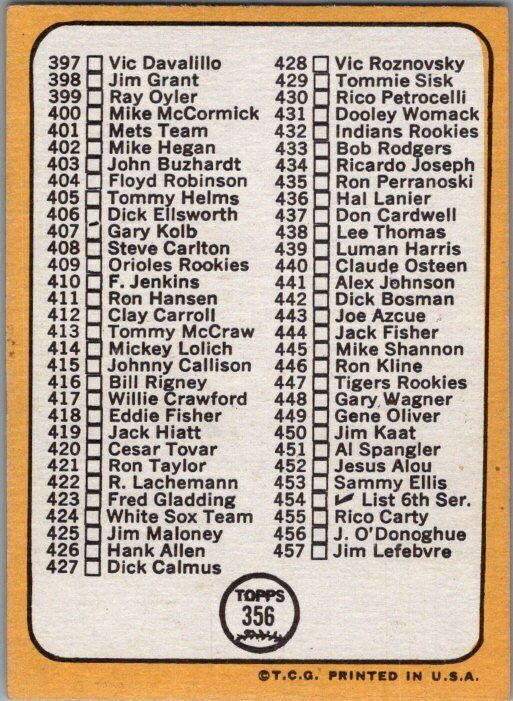 1968 Topps #356b 5th Series Checklist 371-457 (Ken Holtzman)