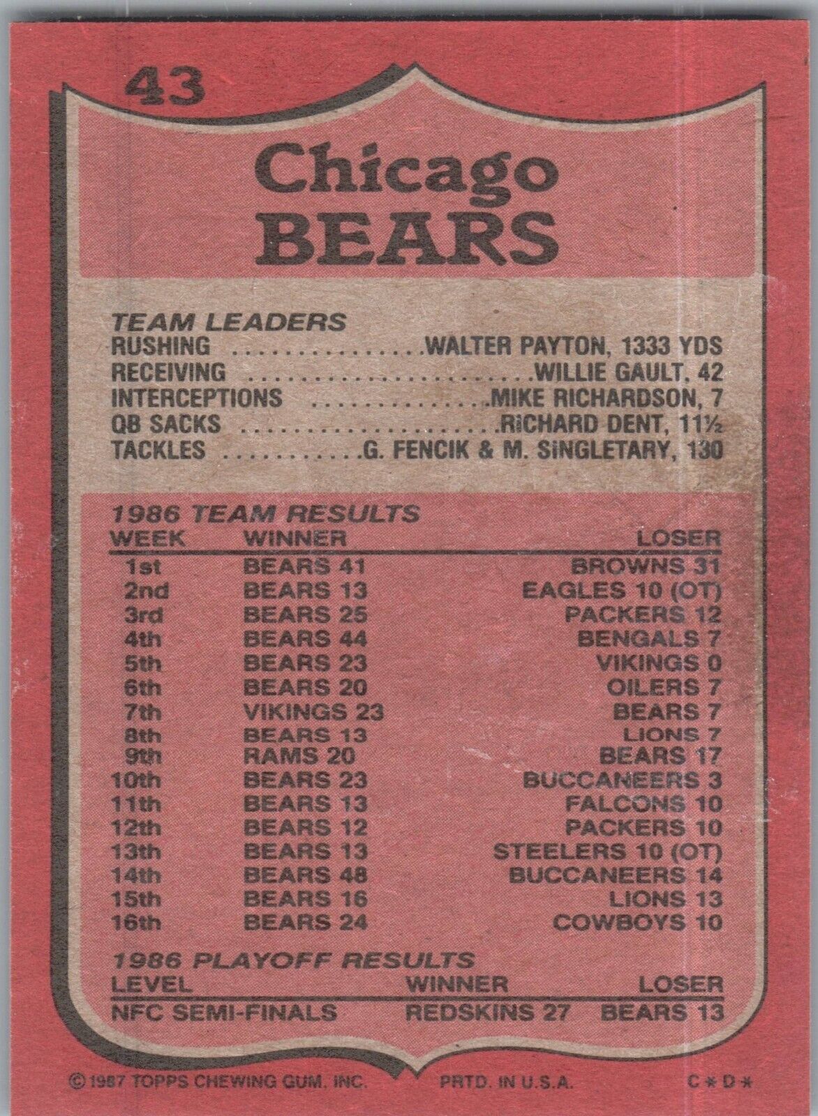 1987 Topps - #43 Walter Payton Chicago Bears Team Leaders