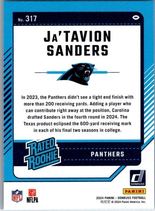 2024 Panini Donruss - Rated Rookie #317 Ja'Tavion Sanders (RC)