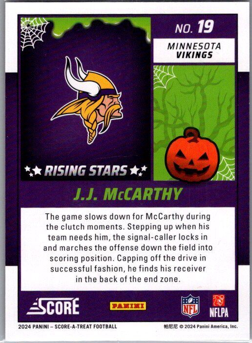 2024 Score-A-Treat #19 J.J. McCarthy A-Treat - Rising Stars Orange Pumpkin