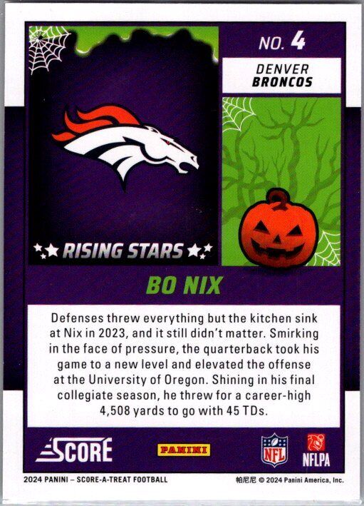 2024 Score-A-Treat #4 Bo Nix A-Treat - Rising Stars Orange Pumpkin