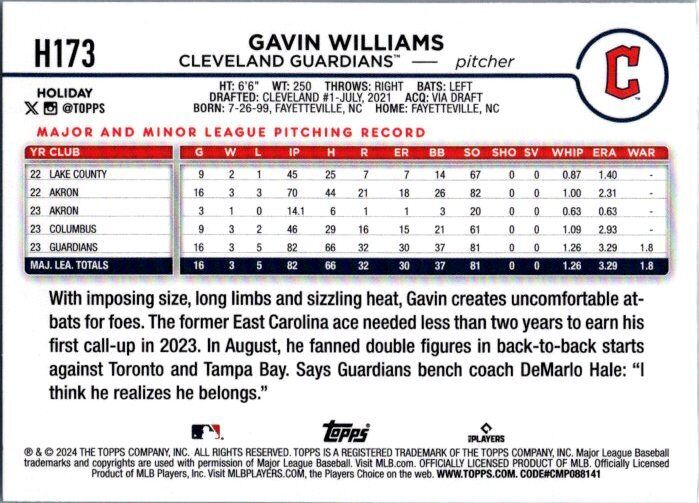 2024 Topps Holiday #H173 Gavin Williams