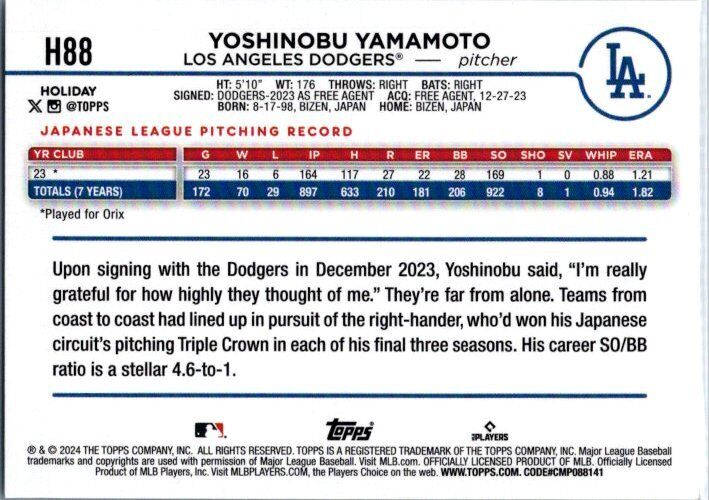 2024 Topps Holiday #H88 Yoshinobu Yamamoto