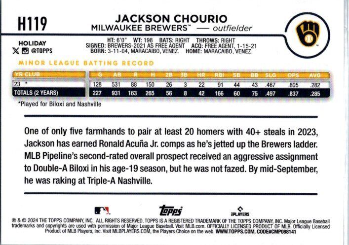 2024 Topps Holiday #H119b Jackson Chourio