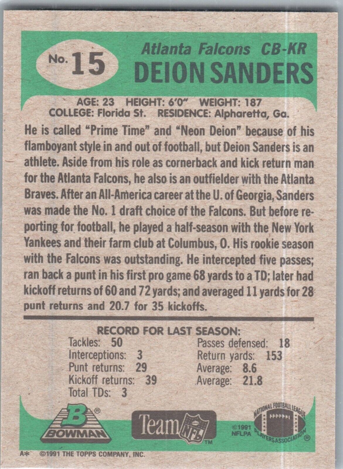 1991 Bowman - #15 Deion Sanders