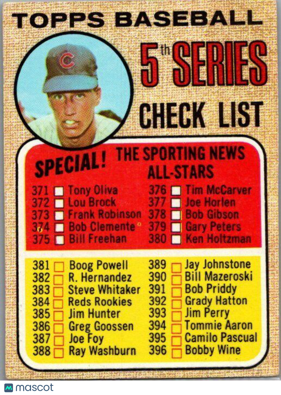 1968 Topps #356a 5th Series Checklist 371-457 (Ken Holtzman)