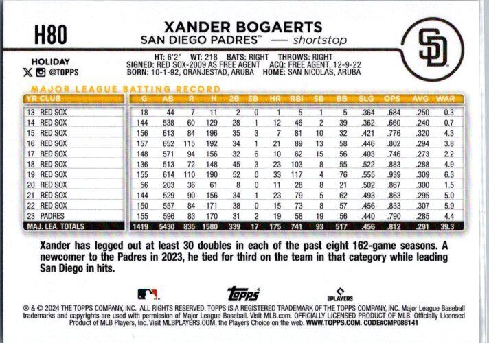 2024 Topps Holiday #H80 Xander Bogaerts Silver Glitter