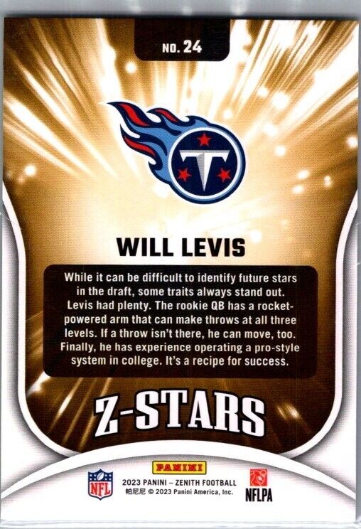 2023 Panini Zenith - Z-Stars #24 Will Levis (RC)