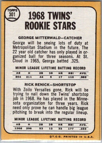 1968 Topps #301 Twins 1968 Rookie Stars (George Mitterwald / Rick Renick)