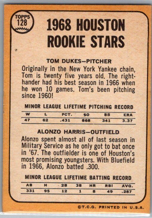 1968 Topps #128 Houston 1968 Rookie Stars (Tom Dukes / Alonzo Harris)