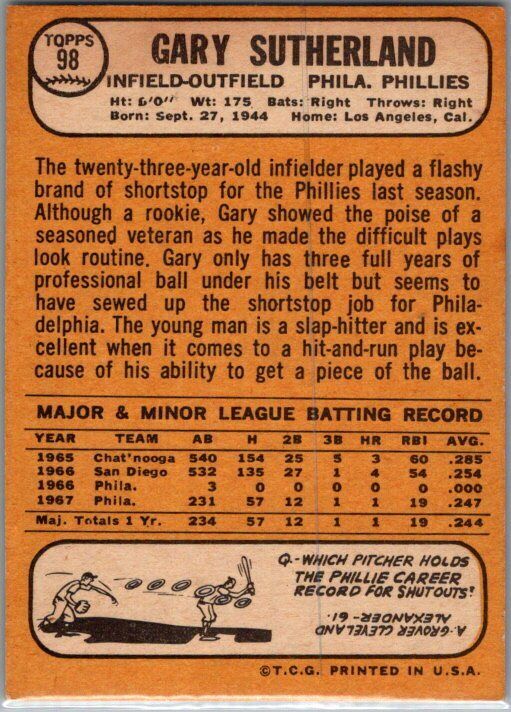 1968 Topps #98 Gary Sutherland