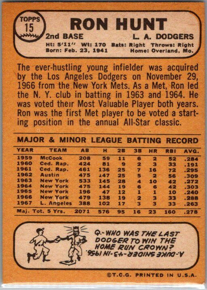 1968 Topps #15 Ron Hunt VG-EX