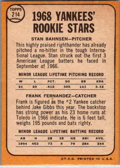 1968 Topps #214 Yankees 1968 Rookie Stars (Stan Bahnsen / Frank Fernandez)