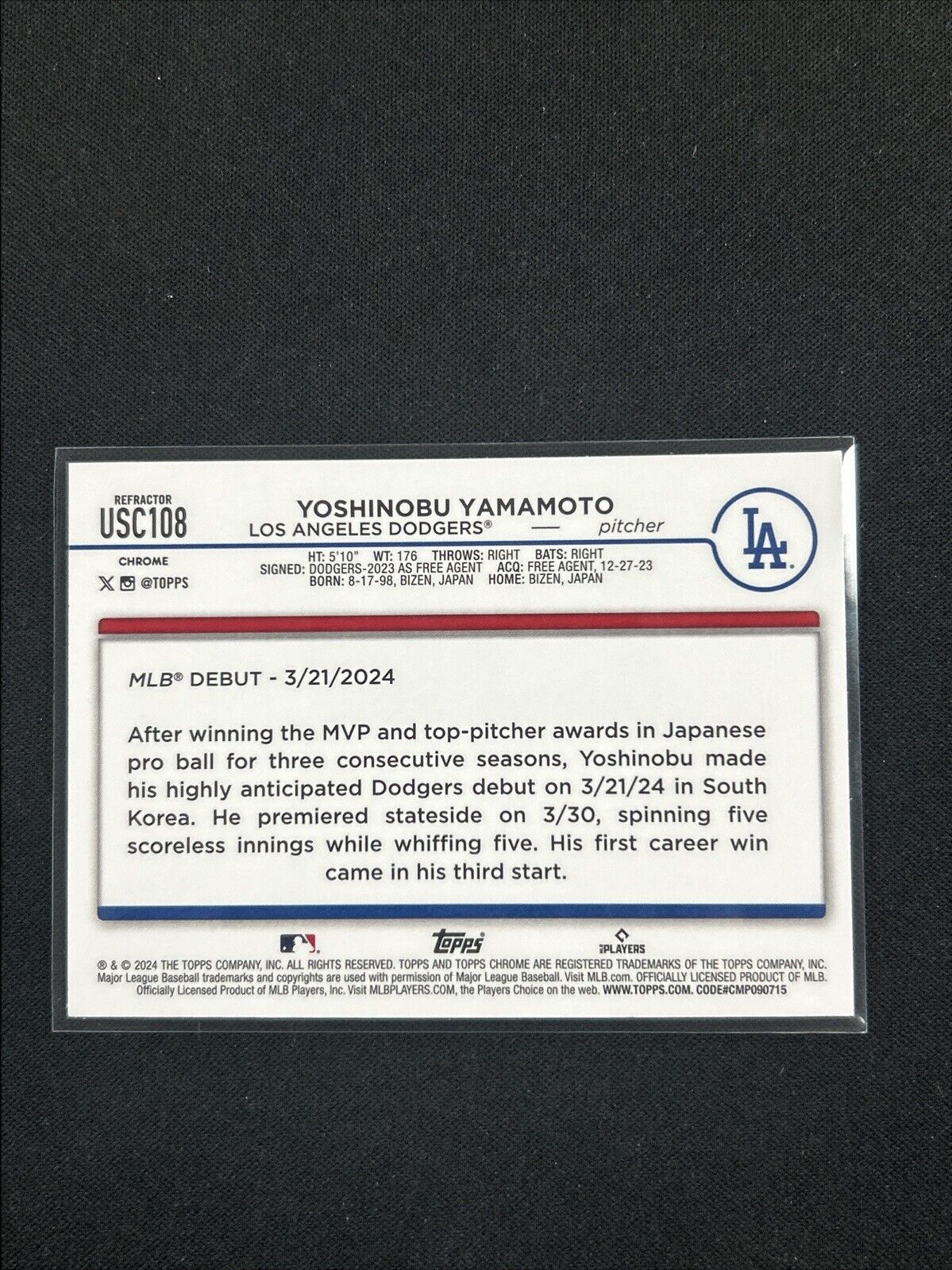 2024 Topps Chrome Update Yoshinobu Yamamoto Refractor Rookie #USC108 Debut RC