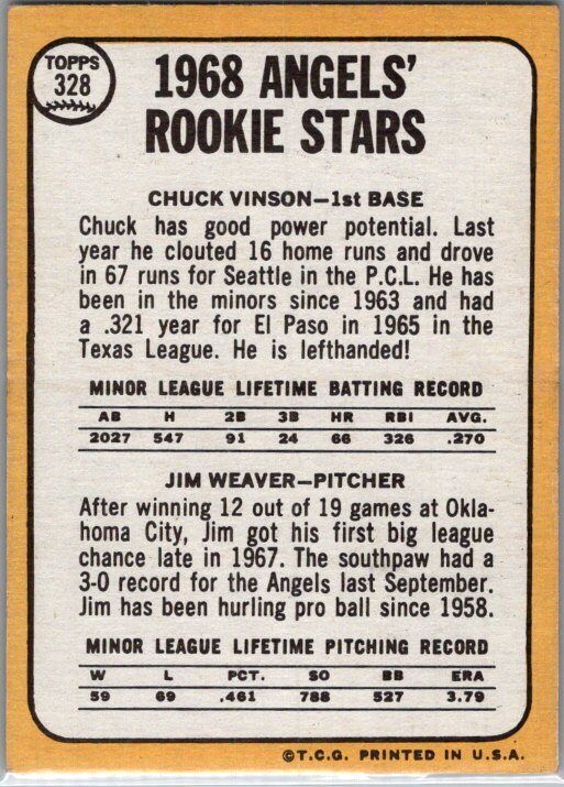 1968 Topps #328 Angels 1968 Rookie Stars (Chuck Vinson / Jim Weaver)