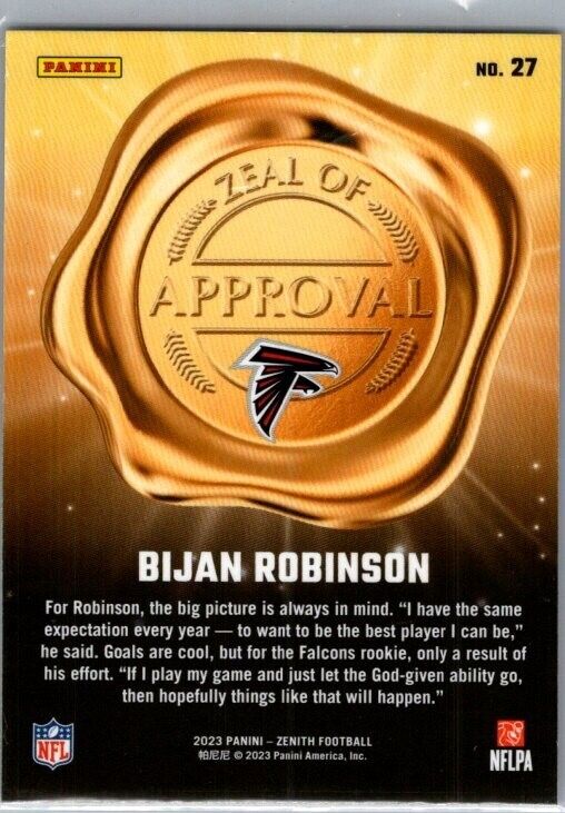 2023 Panini Zenith - Zeal of Approval #27 Bijan Robinson (RC)