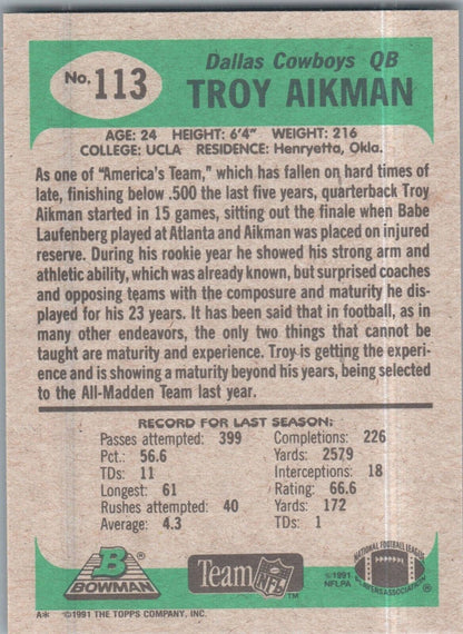 1991 Bowman - #113 Troy Aikman