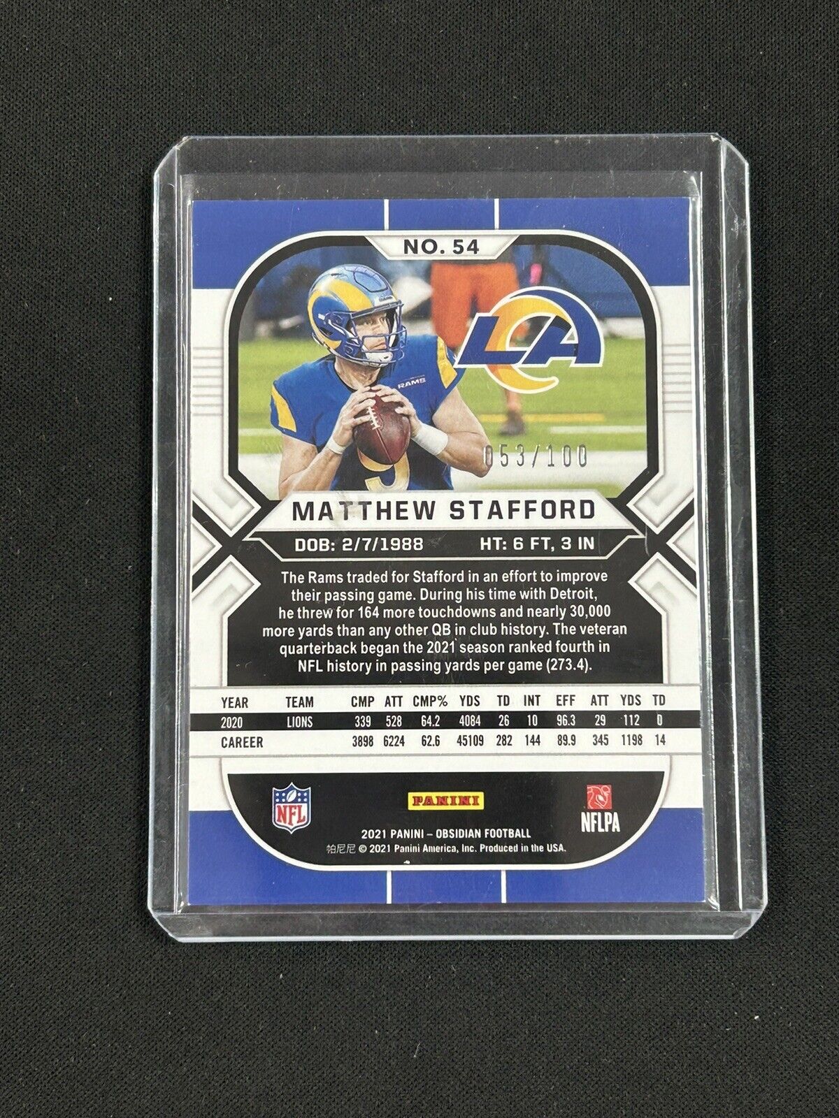 2021 Panini Obsidian - Electric Etch Purple #54 Matthew Stafford /100