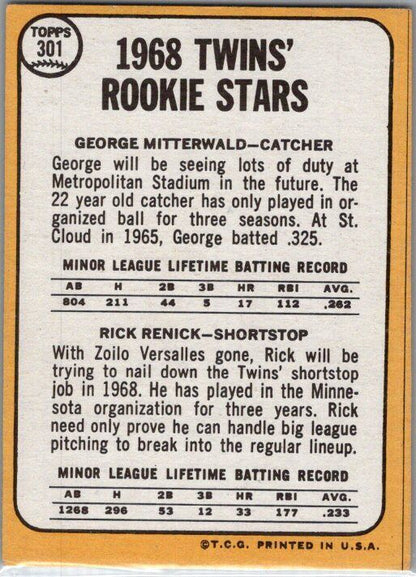 1968 Topps #301 Twins 1968 Rookie Stars (George Mitterwald / Rick Renick)