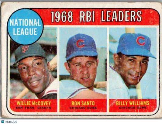 1969 Topps #4 NL 1968 RBI Leaders (Willie McCovey / Ron Santo / Billy Williams)