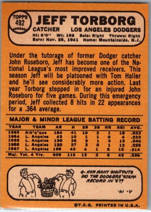 1968 Topps #492 Jeff Torborg EX/NM