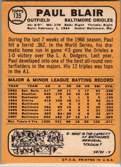 1968 Topps #135 Paul Blair -EX/NM