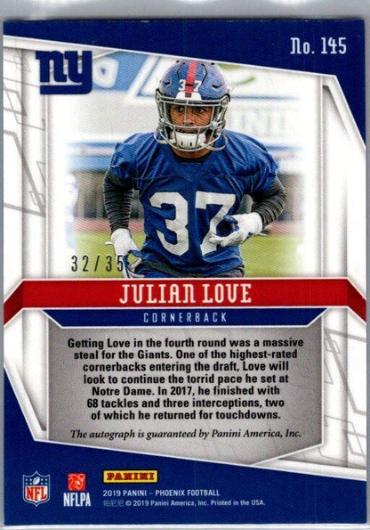 2019 Panini Phoenix #145 Julian Love Rookie Autographs Pink #/35