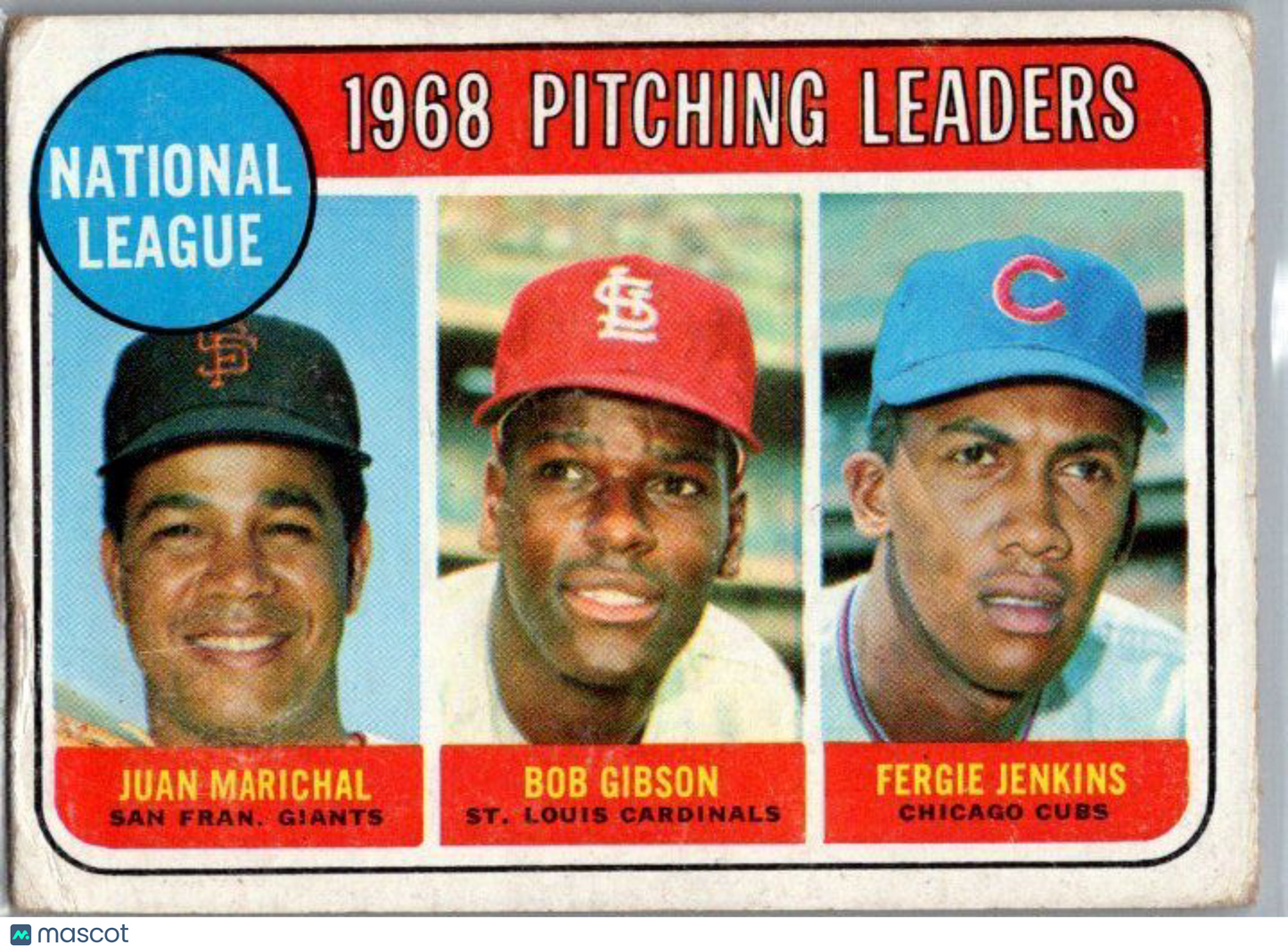 1969 Topps #10 NL 1968 Pitching Leaders Marichal Gibson Jenkins