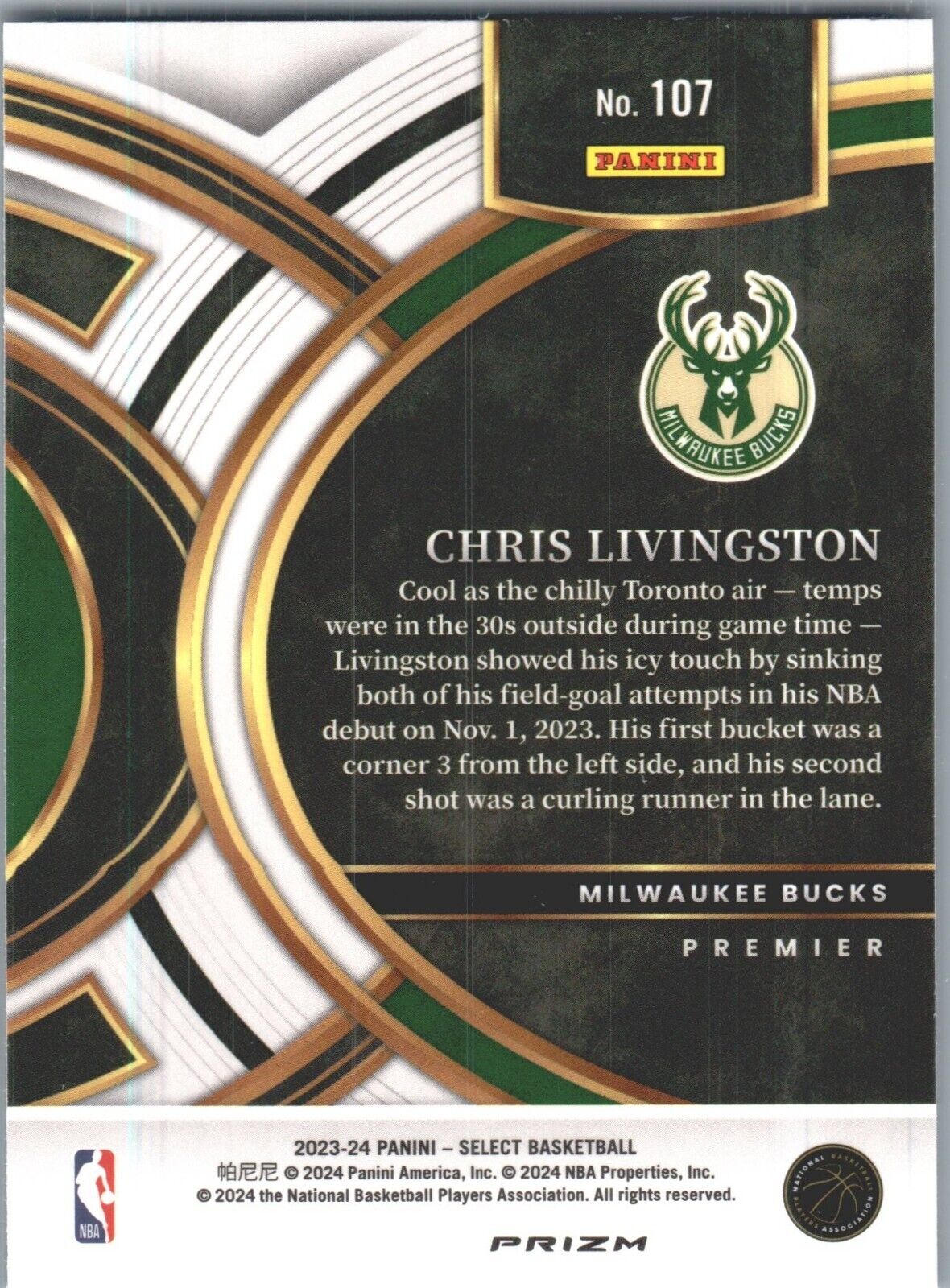 2023-24 Panini Select - Blue Premier Level #107 Chris Livingston (RC)