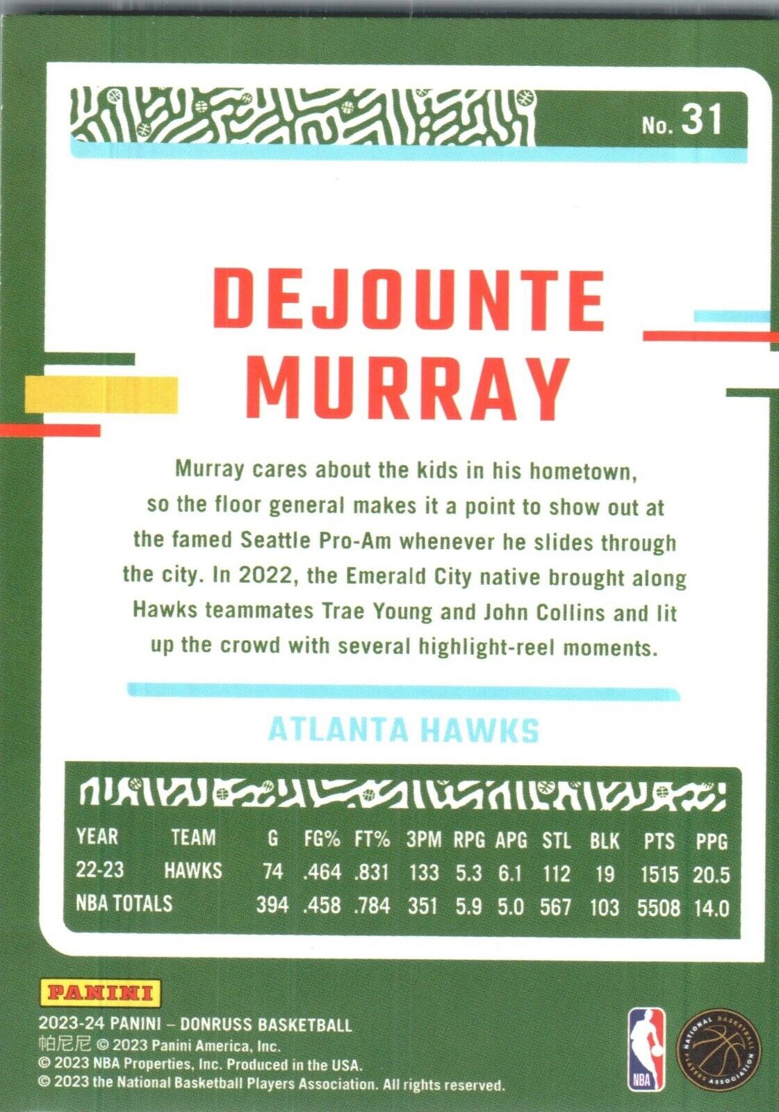 2023-24 Panini Donruss - #31 Dejounte Murray